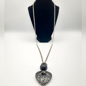 Extra Long Chunky Silver Chain with Black Heart Pendant Necklace - Vintage Y2K